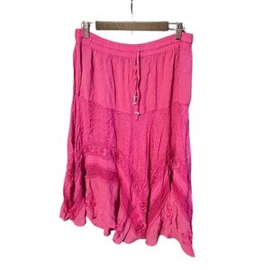 Pink Asymmetrical Midi Skirt Size L | Smocked Waist & Flowing Fit | Free Ship